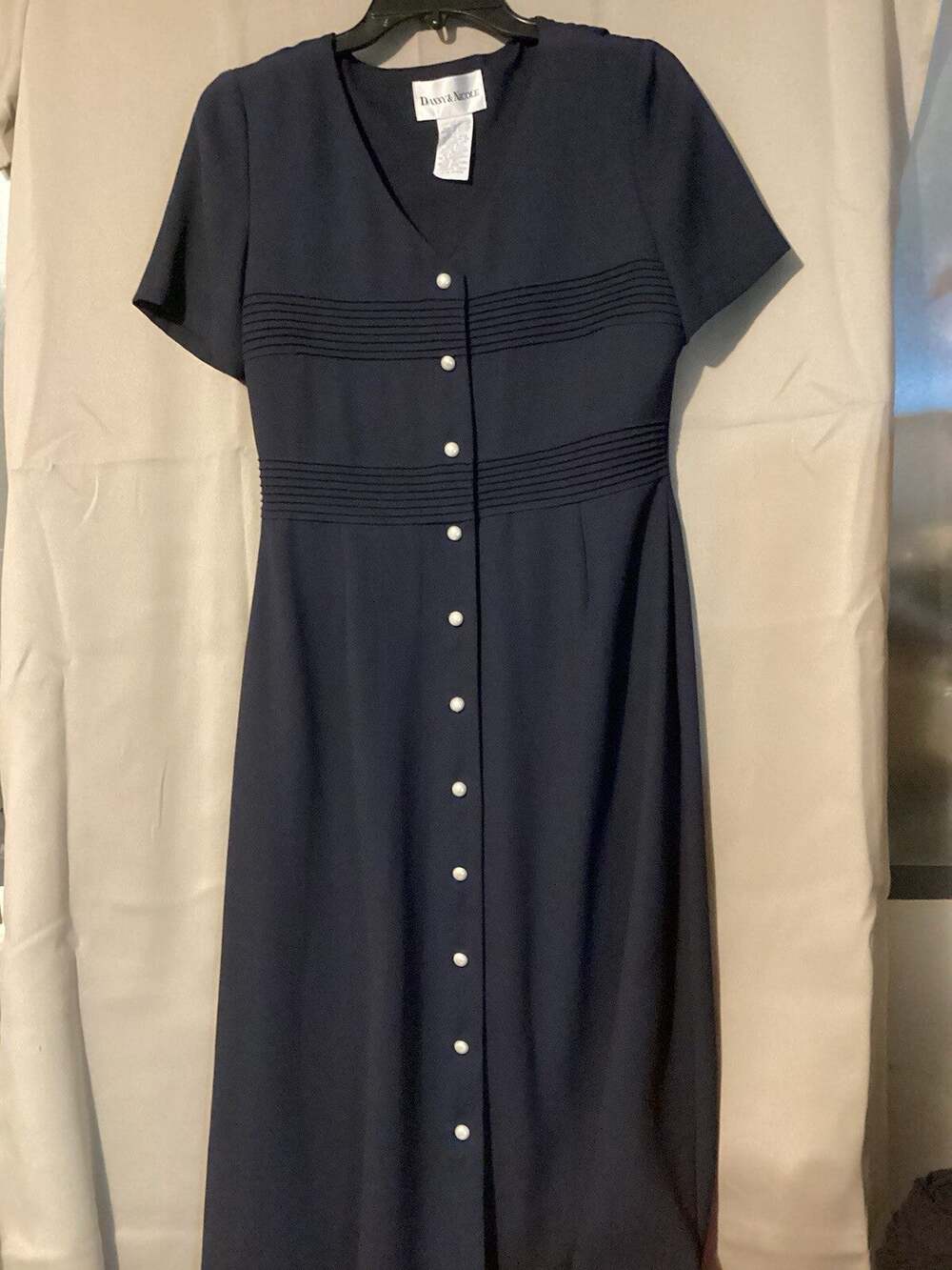 Danny & Nicole Classic Long Blue Dress Ribbed Top Faux Pearl Buttons SZ 8